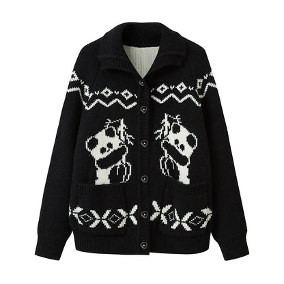 High Neck Panda Contrast Knitted Cardigan