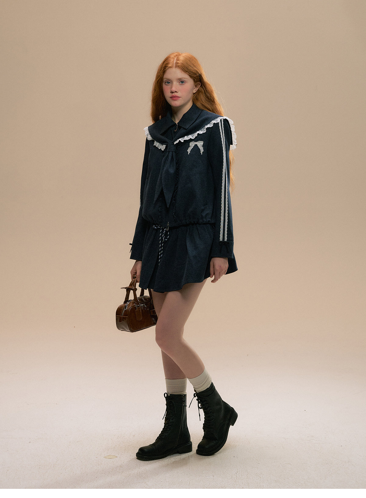 Lace Stripe Jacket With Sailor Collar, Matching Skirt