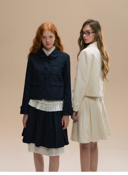 College Style Short Jacket And Pleated Skirt