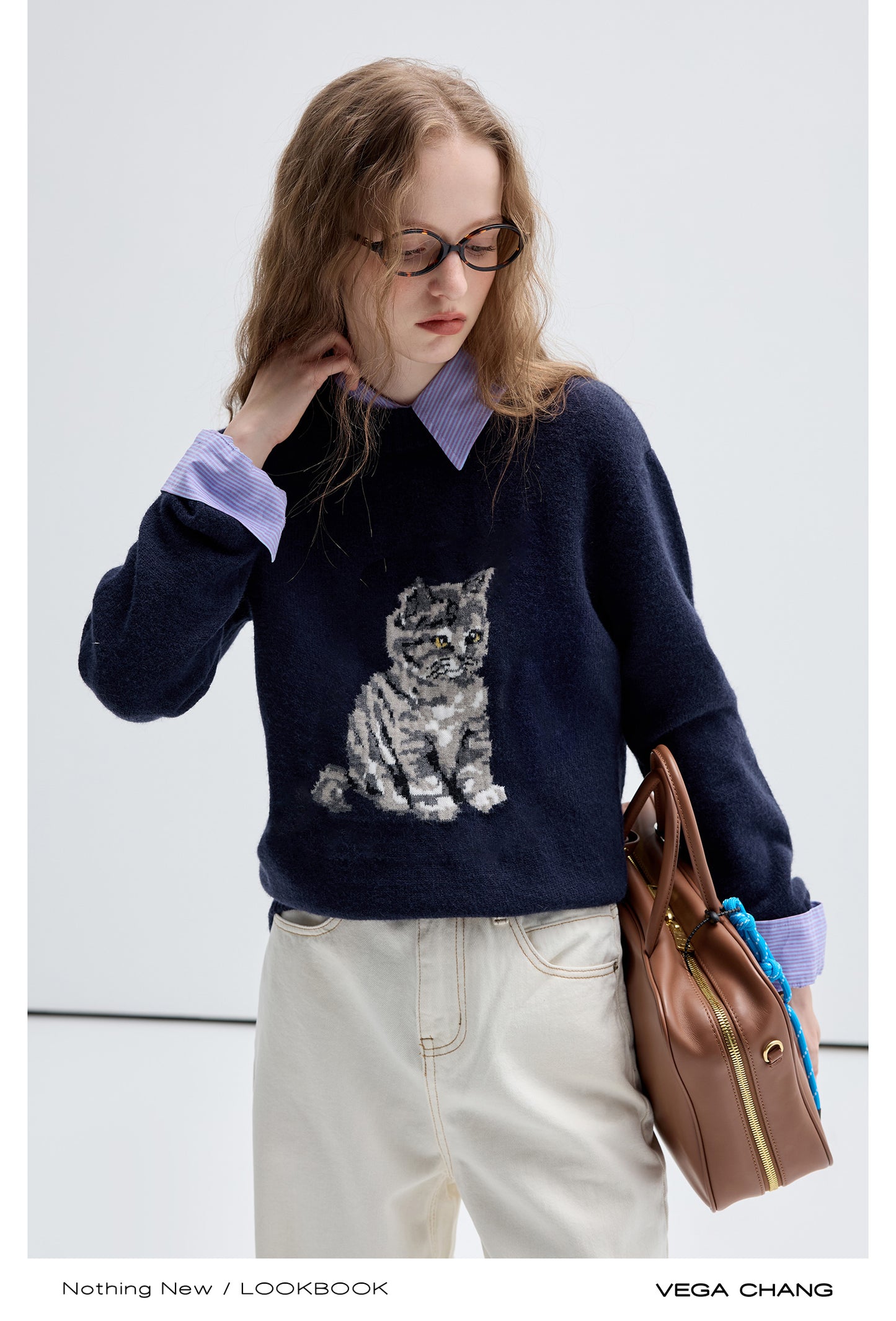 Jacquard Crew Neck Kitten Sweater