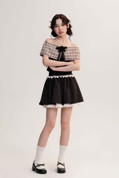 Plaid Off-Shoulder Rib Top And Frilled Zip Skirt