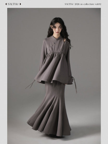 Qipao Style Twill Draped Top And Fishtail Skirt