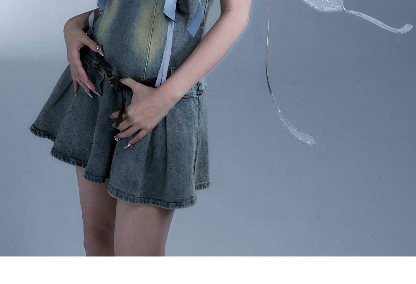 Pleated Washed Denim Short Bustier Dress With Belt