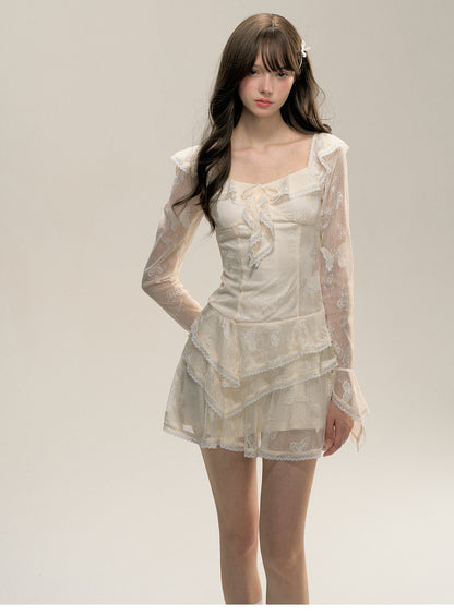 Butterfly Sheer Lace Asymmetric Tiered Dress