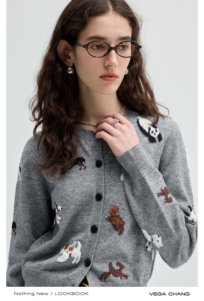 Jacquard Animal Patterned Round Neck Cardigan