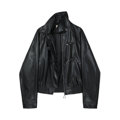 Double Closure Metal Buckle Faux Leather Jacket