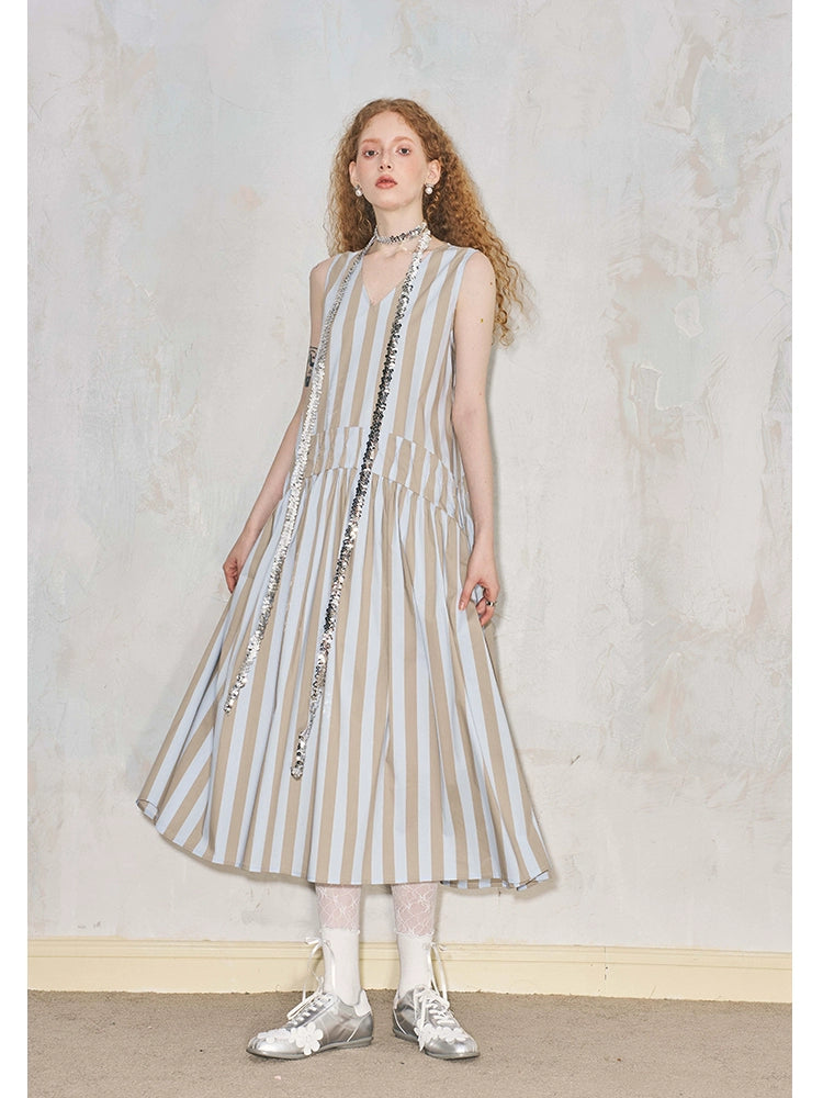 V-Neck Tucked Waist Striped Long Cotton Drapey Dress