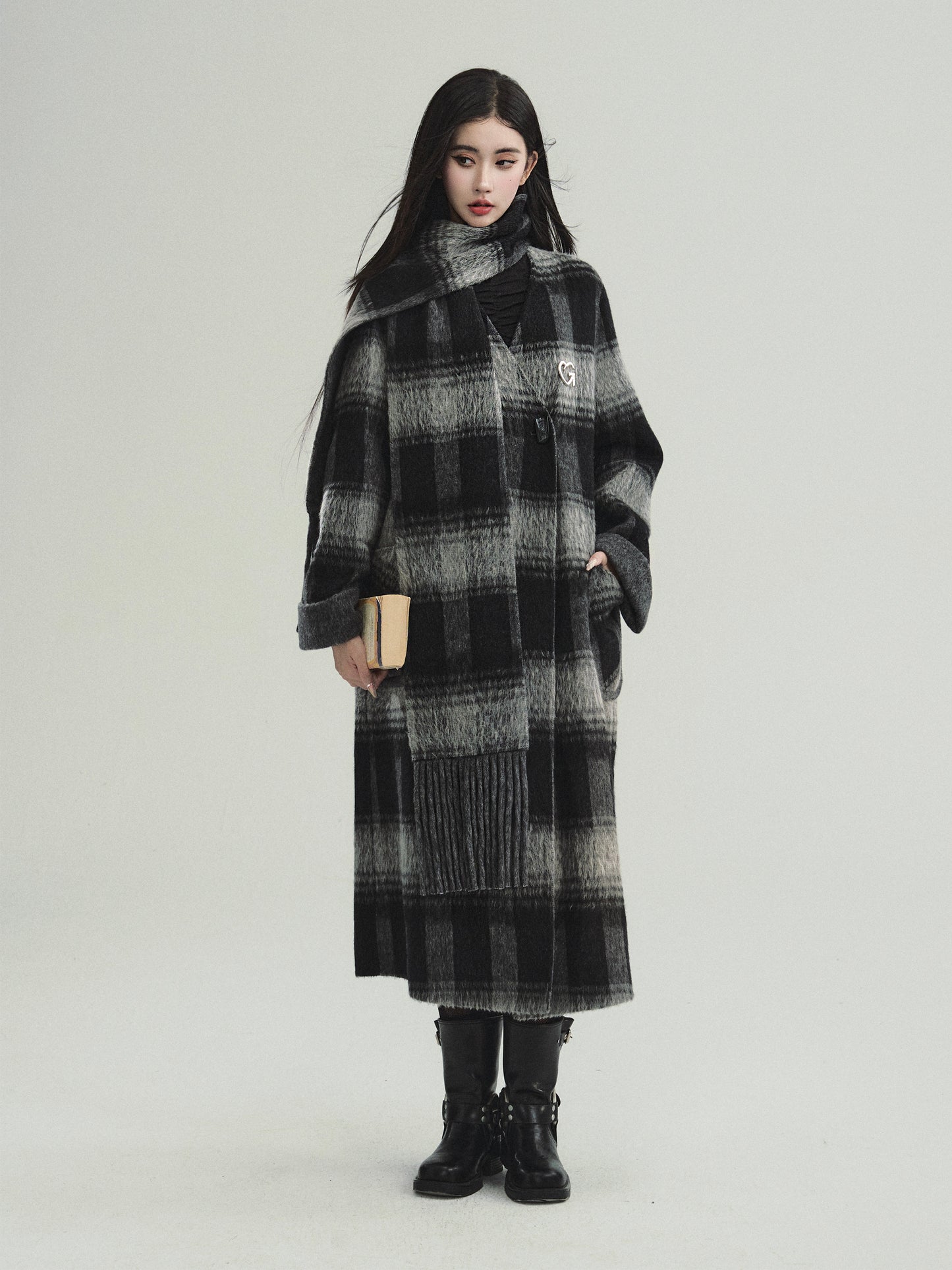 Plaid Collarless Wool Tweed Long Coat