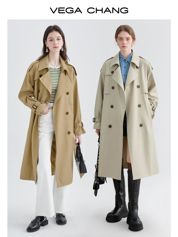 Belted Double Breast Midi Serge Trench Coat