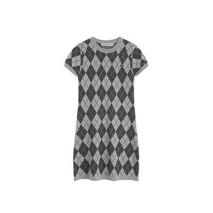 Mercerized Wool Short Sleeve Argyle Knit Dress