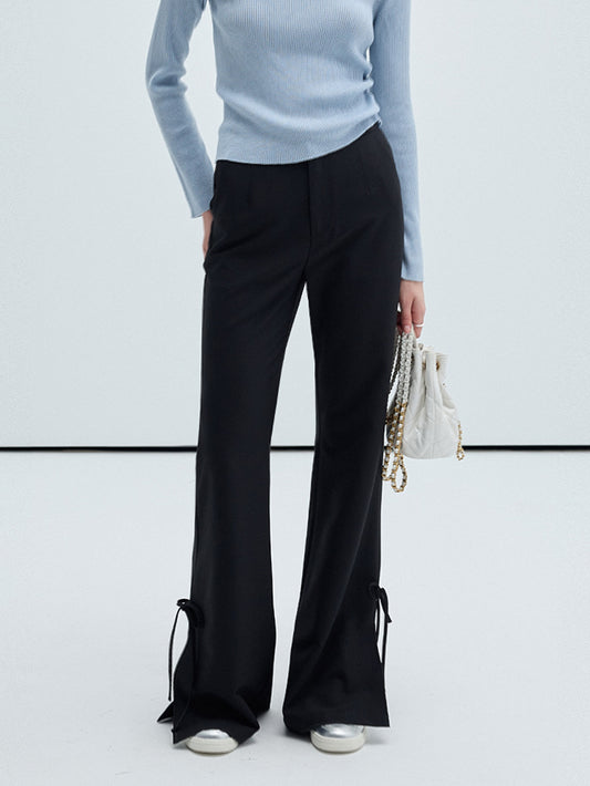 Bow Detail Slim Fit Flared Long Slit Pants