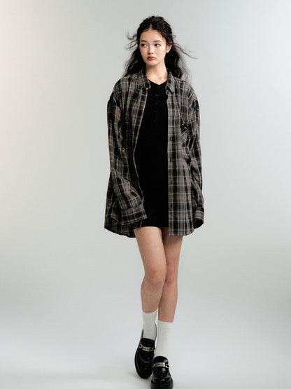 College Style Loose Fit Plaid Shirt Jacket