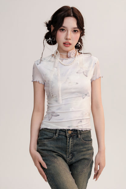 Butterfly Lettuce Edging Fitted Sheer T-Shirt