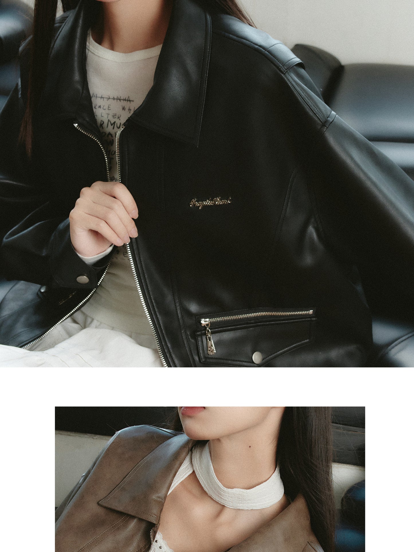 Faux Leather Layered-Look Bomber Jacket