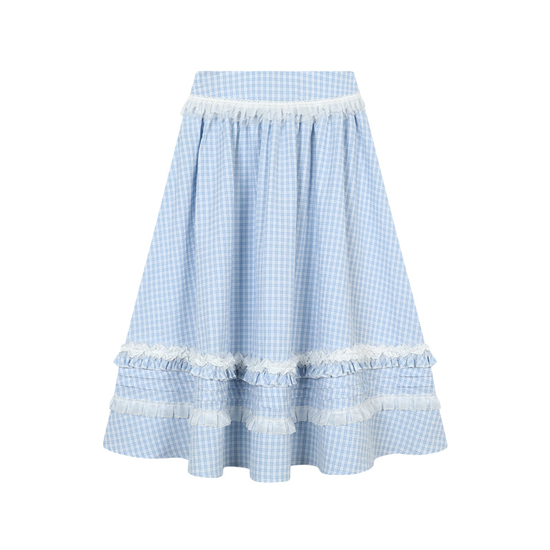 Rose Checkered Puff Sleeve Top And Frilled Skirt