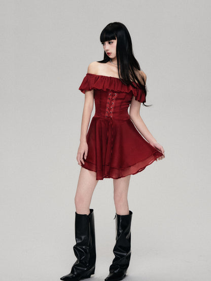 Off Shoulder Lace-Up Glossy Chiffon Dress