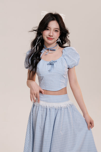 Rose Checkered Puff Sleeve Top And Frilled Skirt