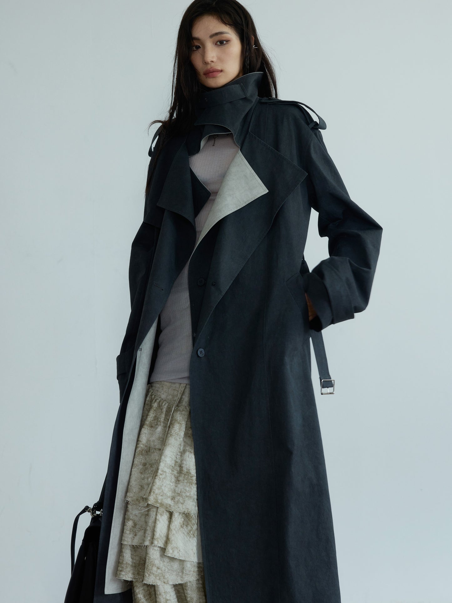 Two-Tone Belted Long Trench Coat