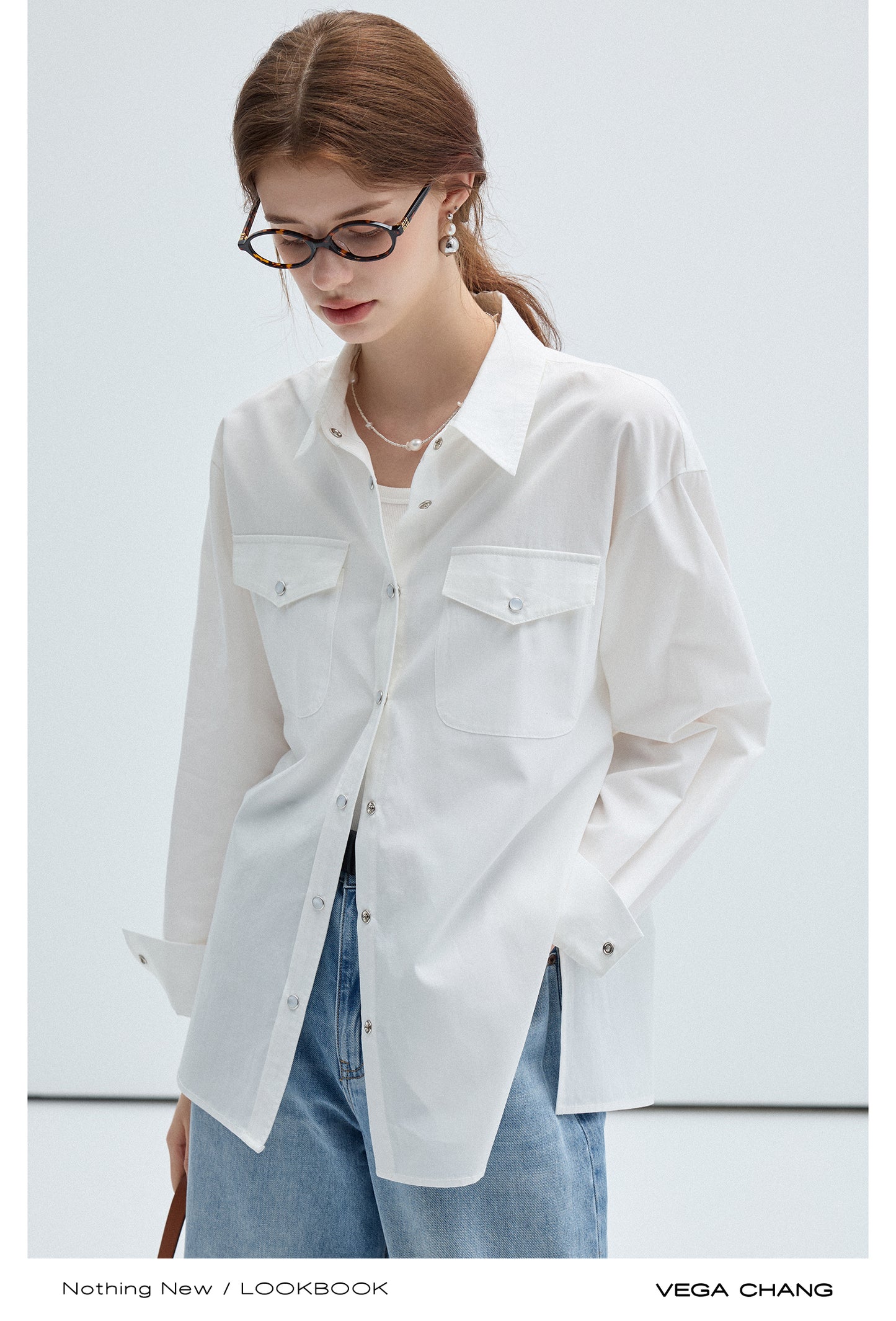 Snap Button Flip Collar Shirt With Chest Pockets