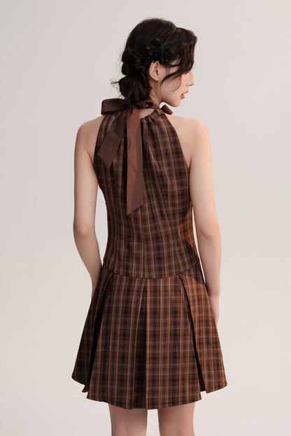 Two-Way Straps Plaid Pleated A-Line Dress