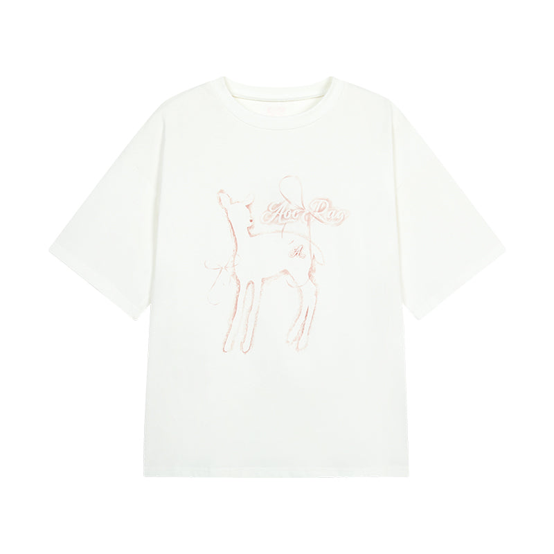 Oversized Deer Print Round Neck Cotton T-Shirt