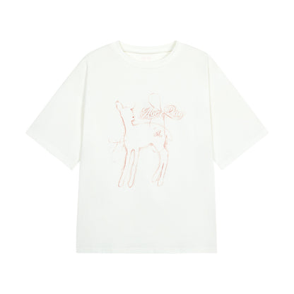 Oversized Deer Print Round Neck Cotton T-Shirt