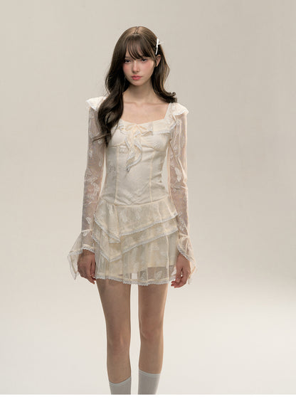 Butterfly Sheer Lace Asymmetric Tiered Dress