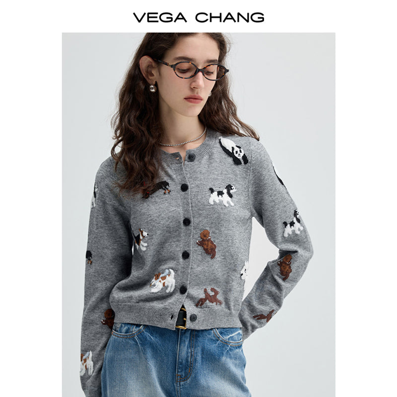 Jacquard Animal Patterned Round Neck Cardigan