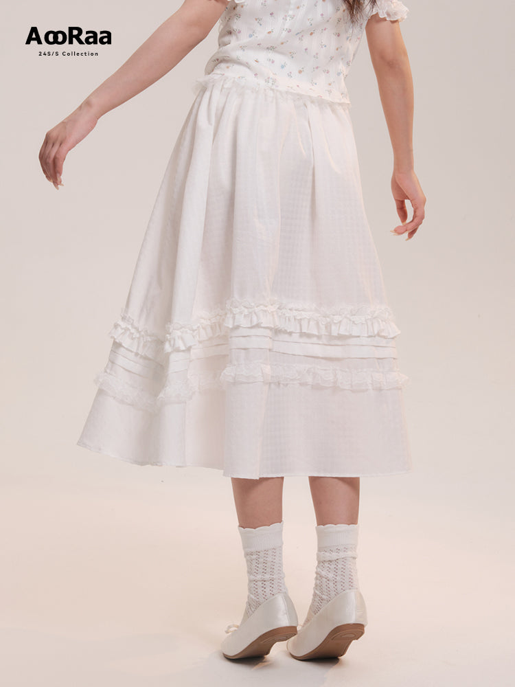 High Waist Lace Frilled Zip Up Flare Long Skirt