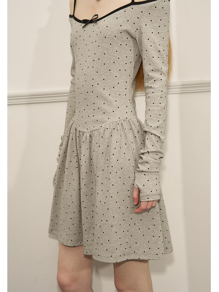 Polka Dot Off-Shoulder Glove Sleeve Short Dress