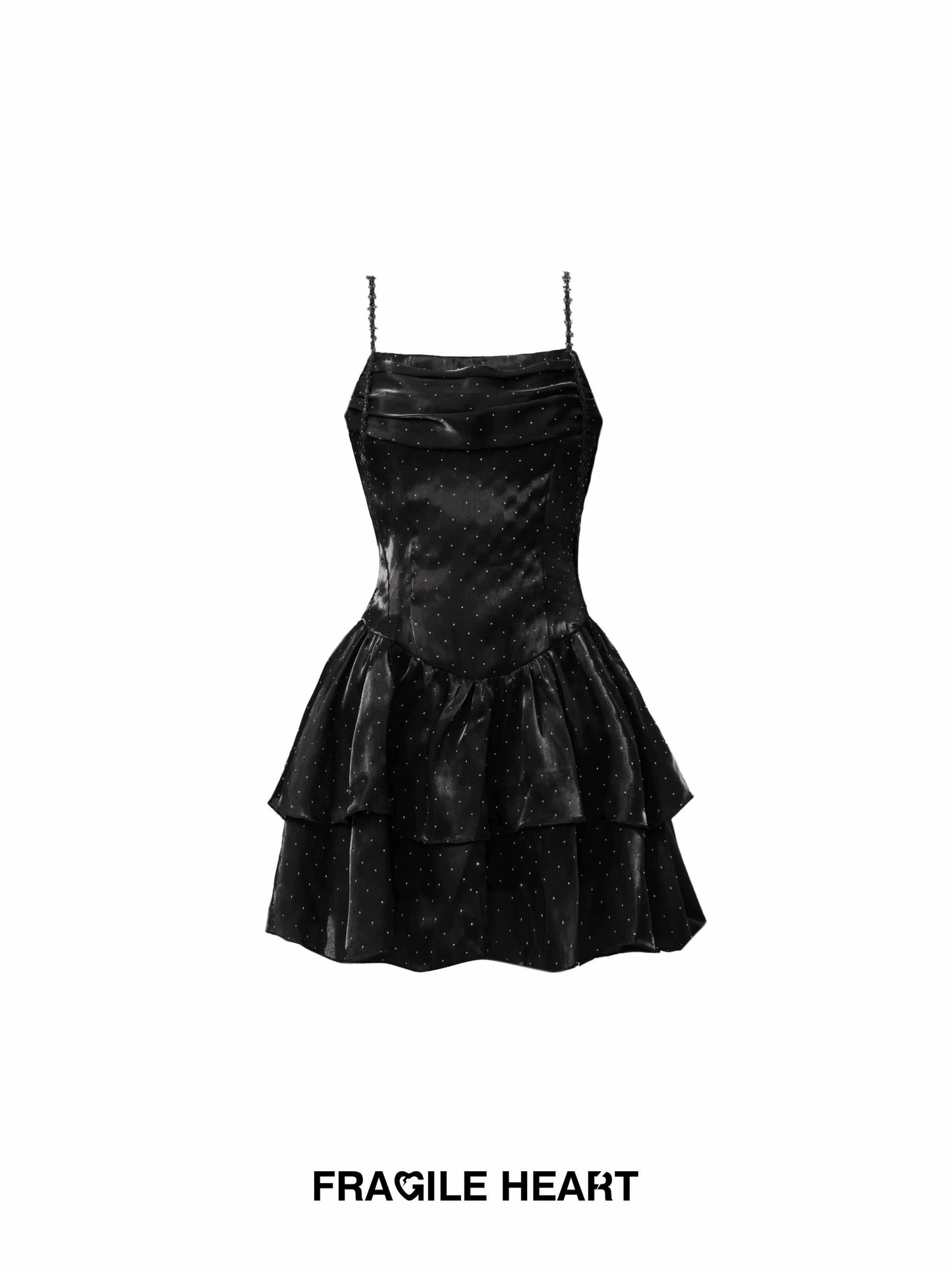 Satin Dotted Short Tiered Camisole Dress With Floral Straps