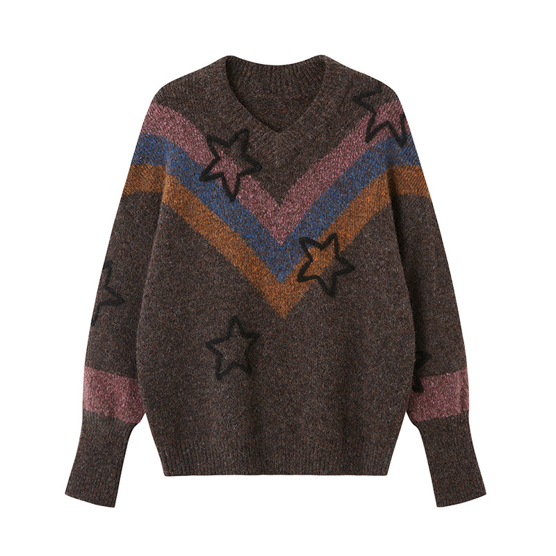 Wool Blend V Stripe Star Retro Knit Sweater