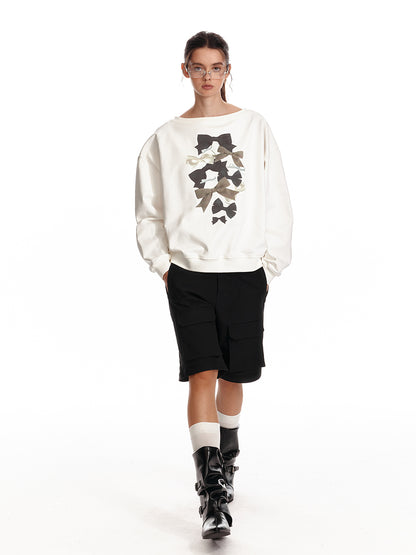 Two Way Bow Print Oversized Cotton Sweatshirt