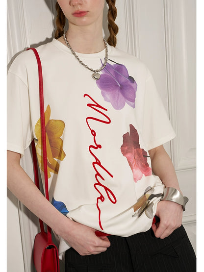 Colorful Flower Print Round Neck Cotton T-Shirt