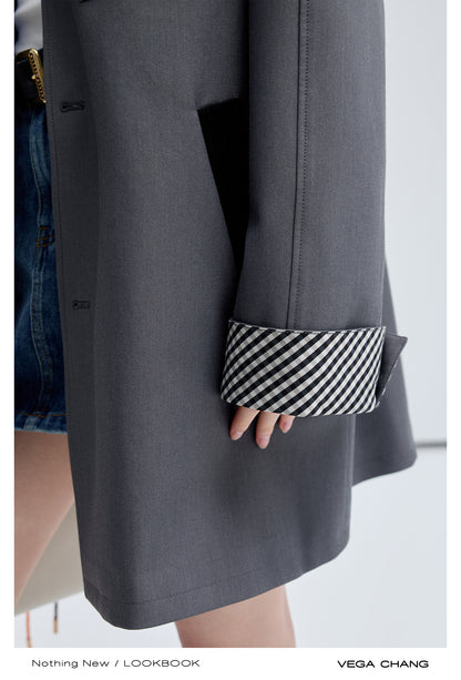 Oversize Stand Collar Checkered Cuff Coat