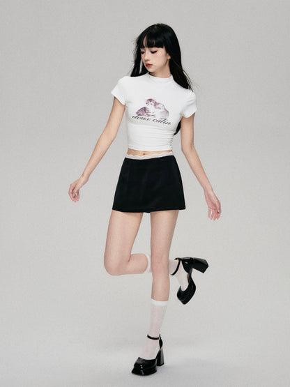 Cat Print Mock Neck Cropped Fitted T-Shirt