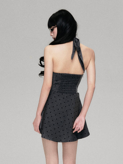 Draped Halter Neck Backless A-Line Dot Mini Dress