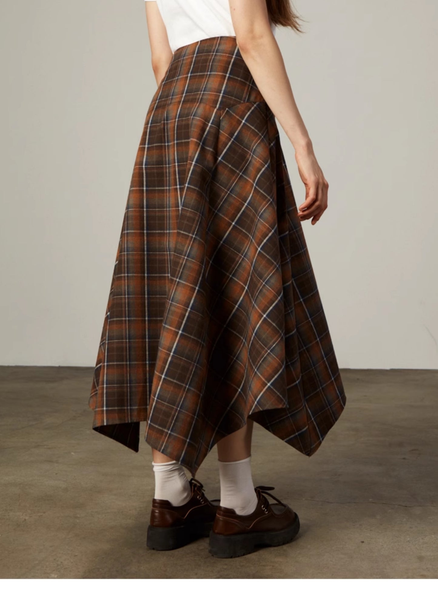 Plaid Longline Shirt And Asymmetrical Midi Skirt