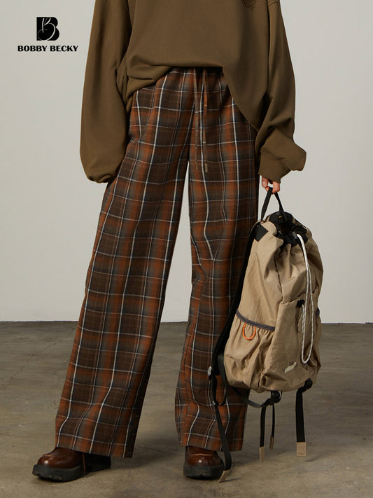 Plaid Elastic Waist Wide-Leg Cotton Pants