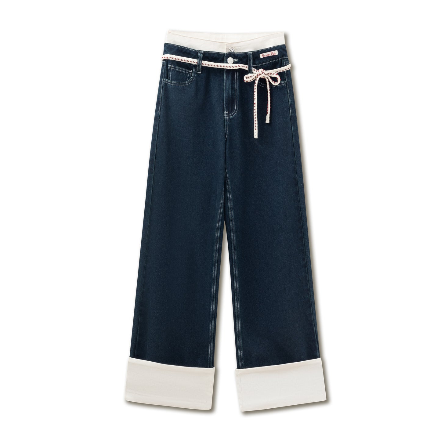 Double-Waist Cuffed Jeans With Tie Belt