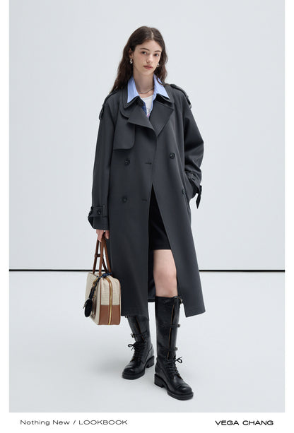 Belted Trench Coat With Faux Two-Piece Stripe Shirt