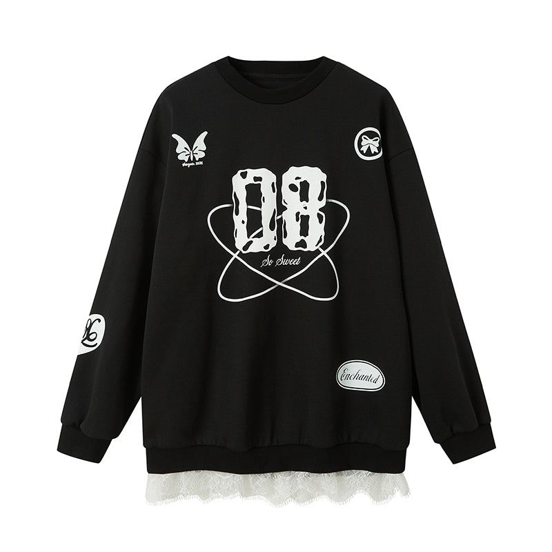 Sporty Girlish Lace Hem Print Sweatshirt