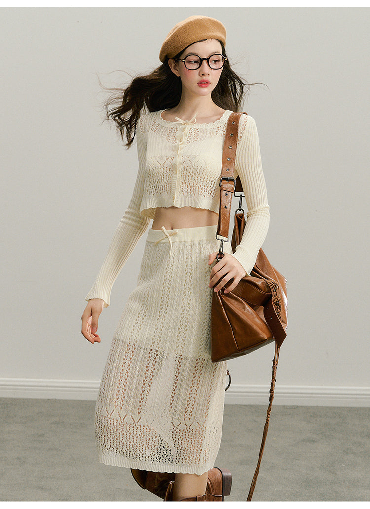 Cropped Eyelet Knit Cardigan And Midi Skirt Outfit