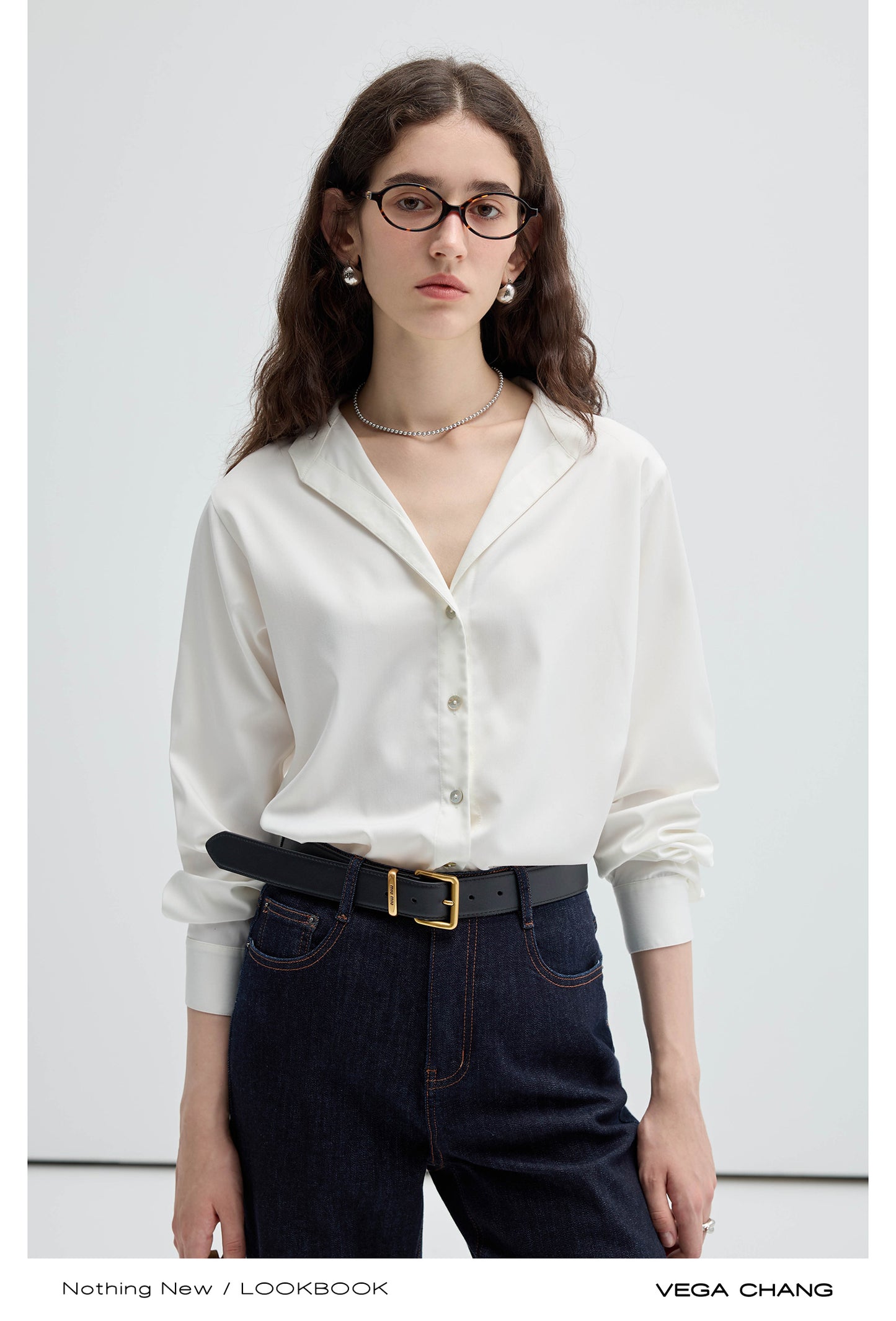 Open Collar V-Neck Cotton Woven Shirt