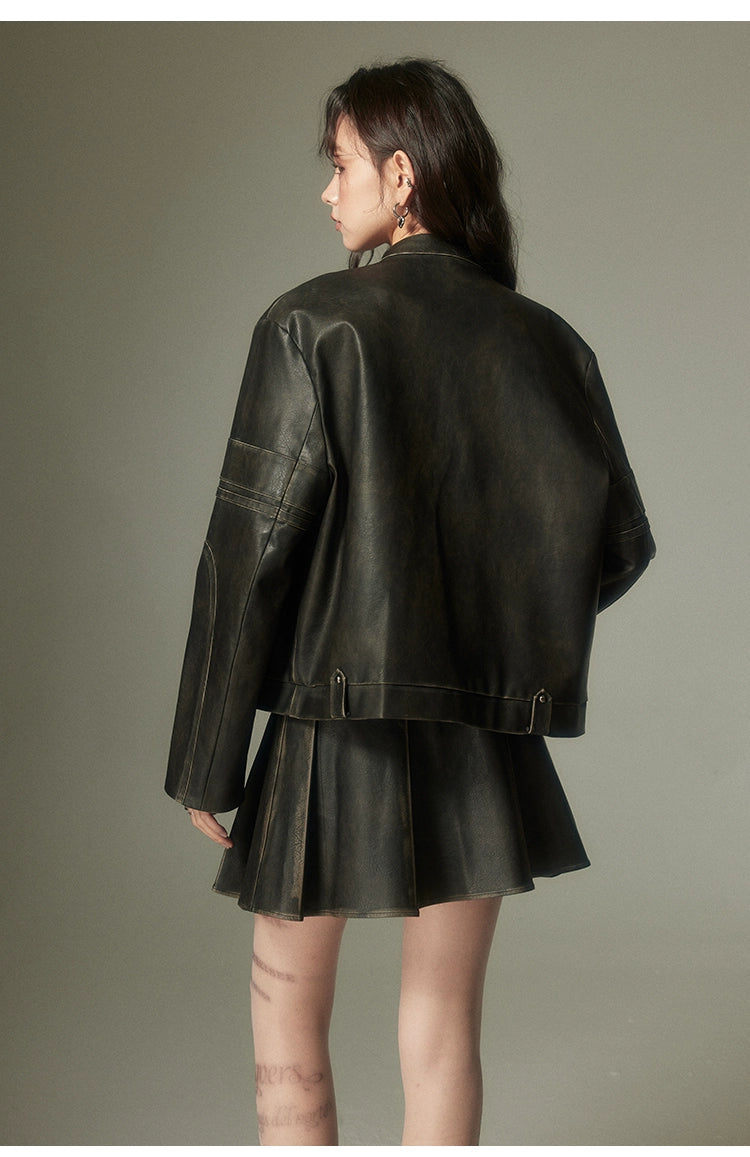 Embossed Bow Vintage-Look Faux Leather Jacket