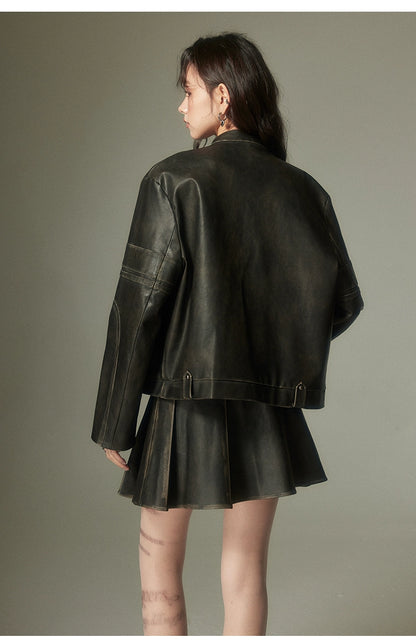 Embossed Bow Vintage-Look Faux Leather Jacket