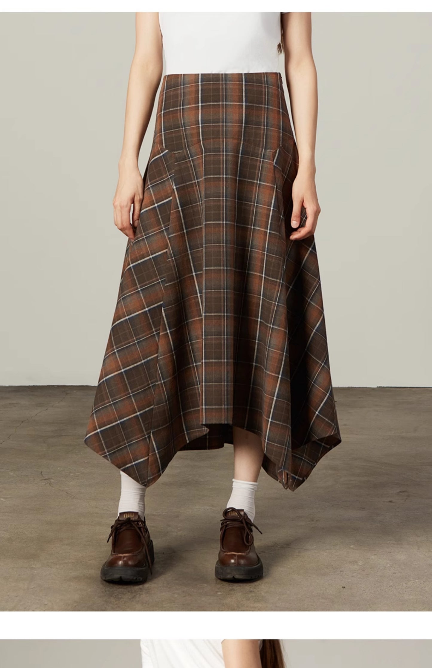 Plaid Longline Shirt And Asymmetrical Midi Skirt