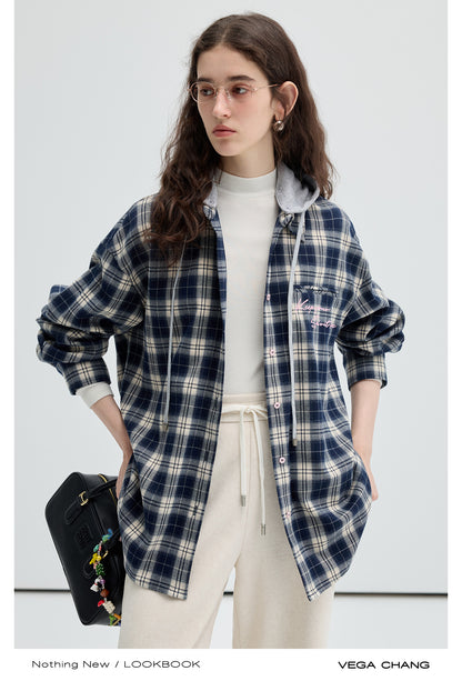 Embroidered Plaid Shirt With Removable Hood