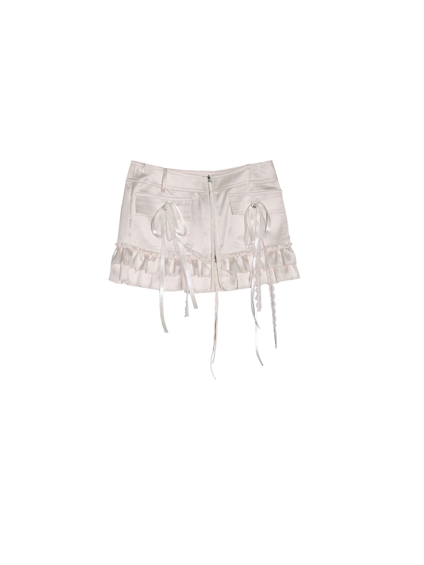 Decorative Ribbon Frilled Satin Zip Mini Skirt