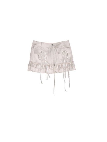 Decorative Ribbon Frilled Satin Zip Mini Skirt